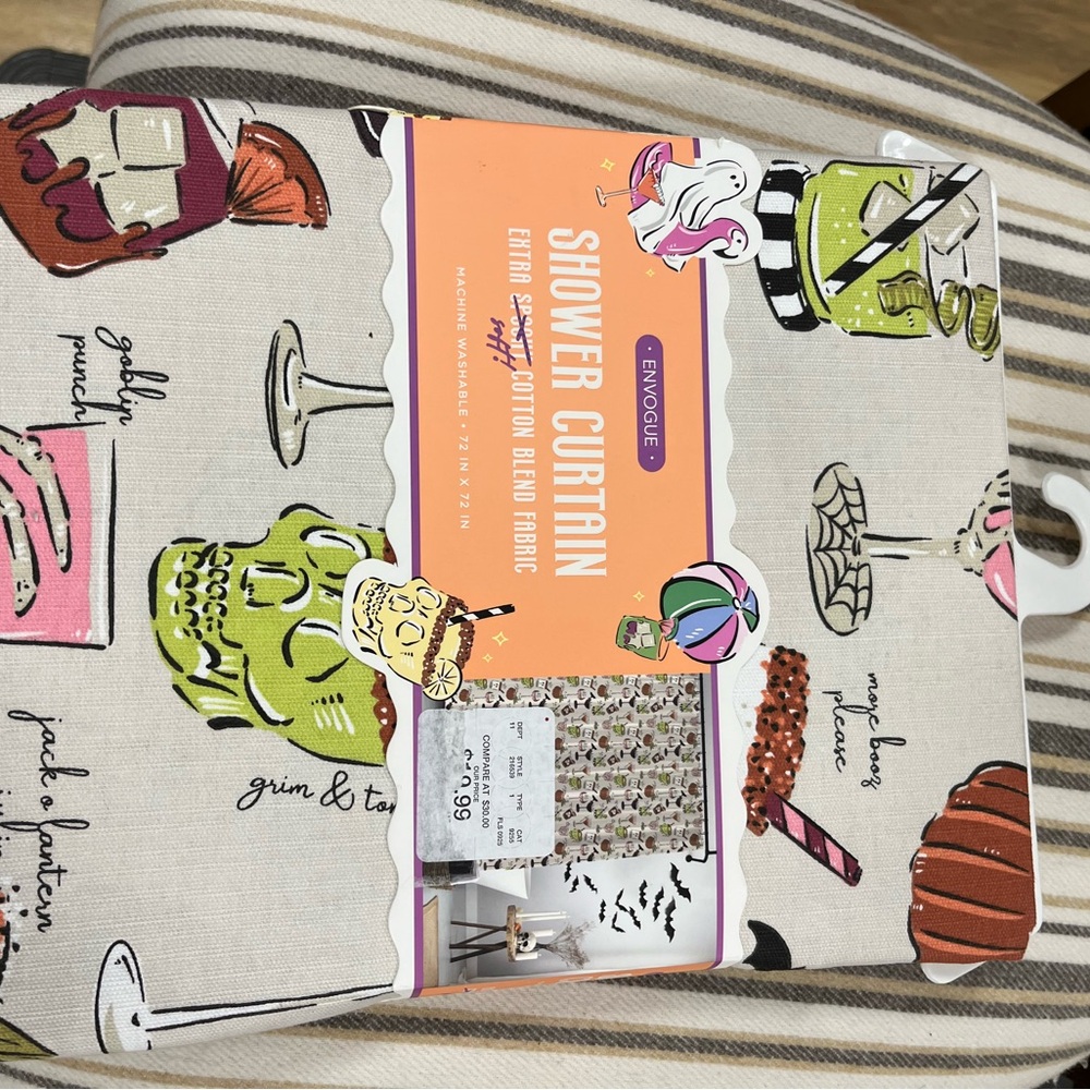 Tiki Halloween cocktail Cream Shower Curtain with skull and zombie head - Picture 2 of 3